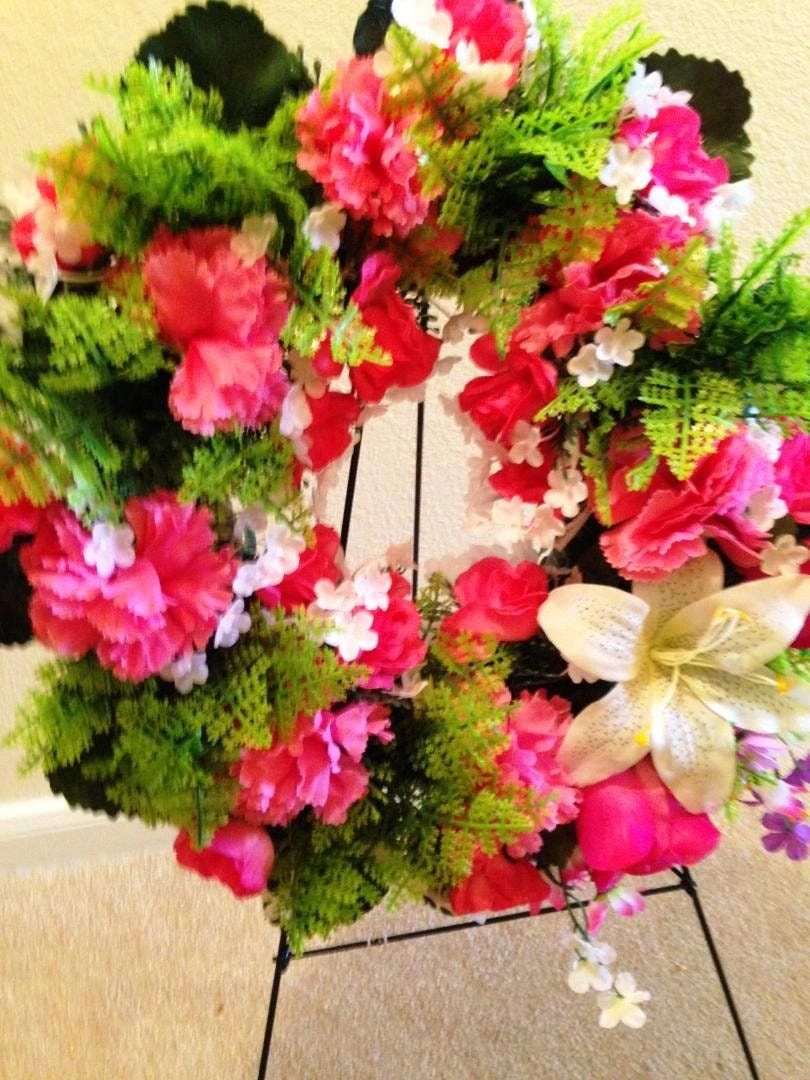 Cemetery Wreath on Easel in Pink Roses & Carnation for grave-site presentation in remembrance of loved ones. Easel Mounted