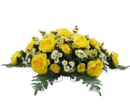 Cemetery Silk FLOWER SADDLE for Headstone Mounting in YELLOW for Grave-site Presentation in Remembrance of Loved Ones -