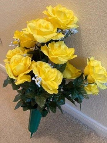 Cemetery VASE of Silk ROSES in Deluxe Yellow for Grave-site Presentation in Remembrance of Loved Ones -