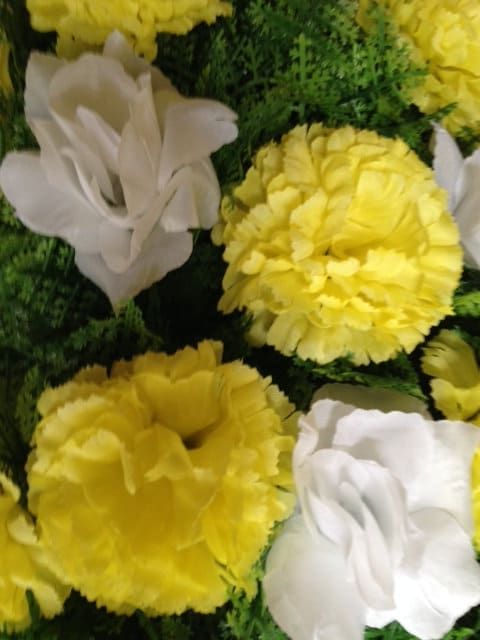 Artificial FLOWER SPRAY in Deluxe Yellow Easel Mount for Grave-site Presentation in Remembrance of Loved Ones -