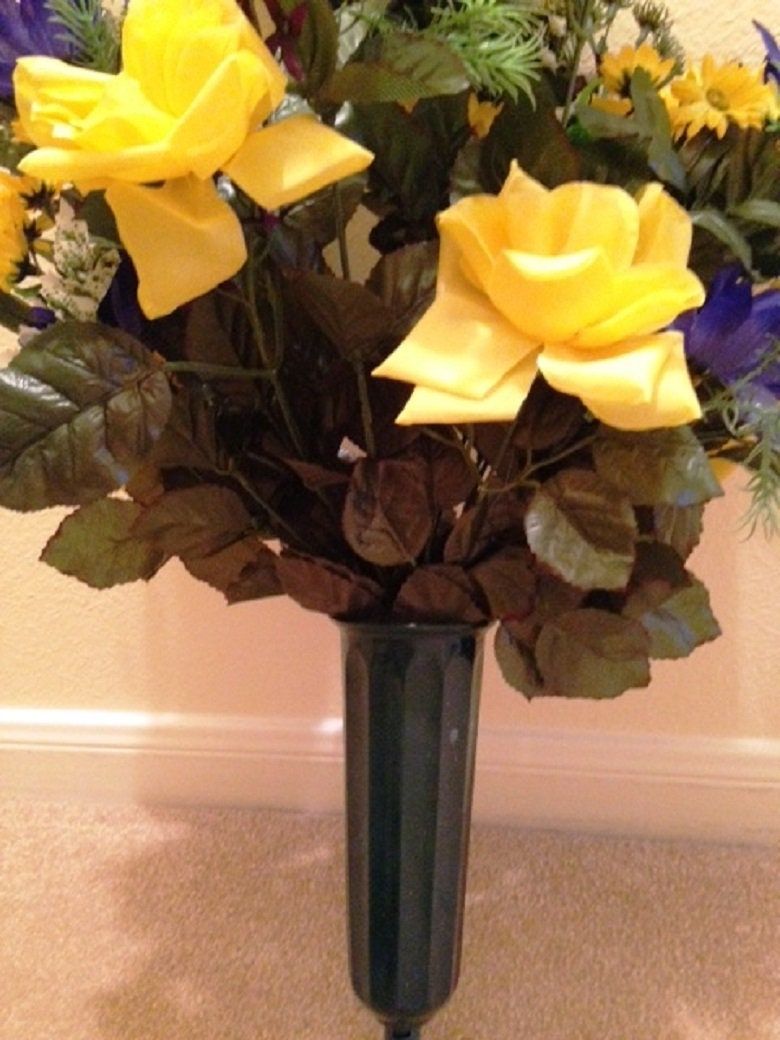 Cemetery VASE of Silk ROSES in Deluxe Yellow for Grave-site Presentation in Remembrance of Loved Ones -