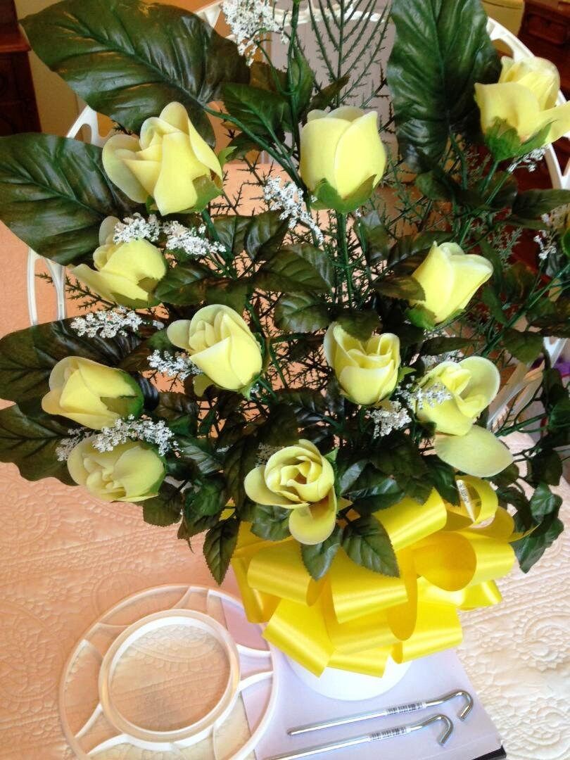 Cemetery Silk Flower YELLOW ROSEBUDS in Hoop Handle for Grave-site Presentation in Remembrance of Loved Ones -