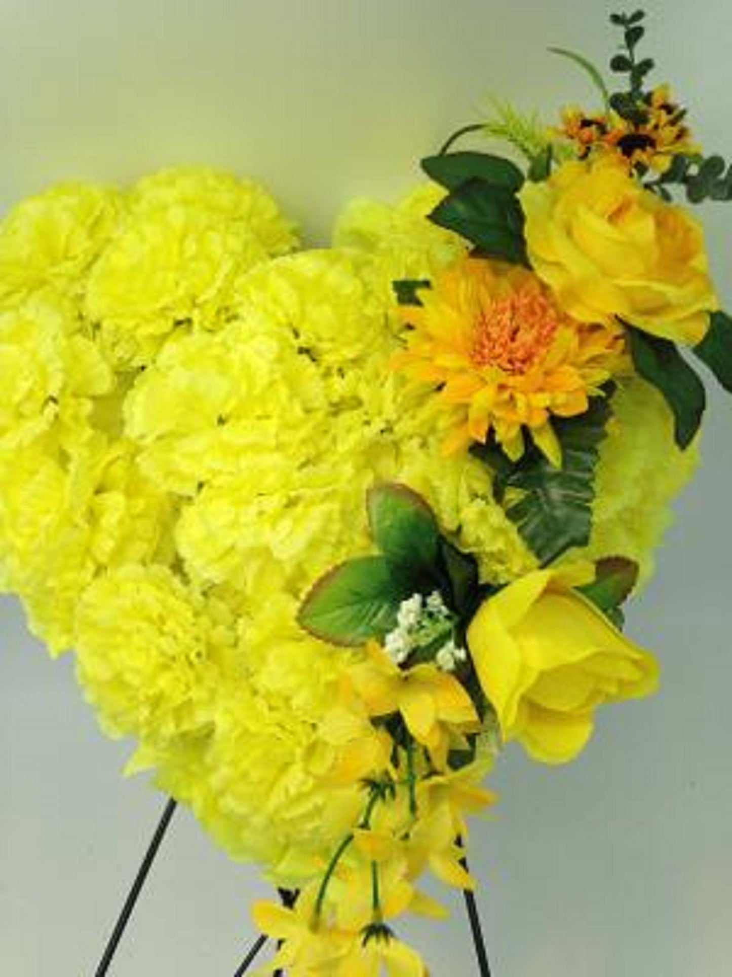 FLOWER Cemetery HEART on easel in Silk Yellow Roses & Carnations for grave-site presentation in remembrance of loved ones -