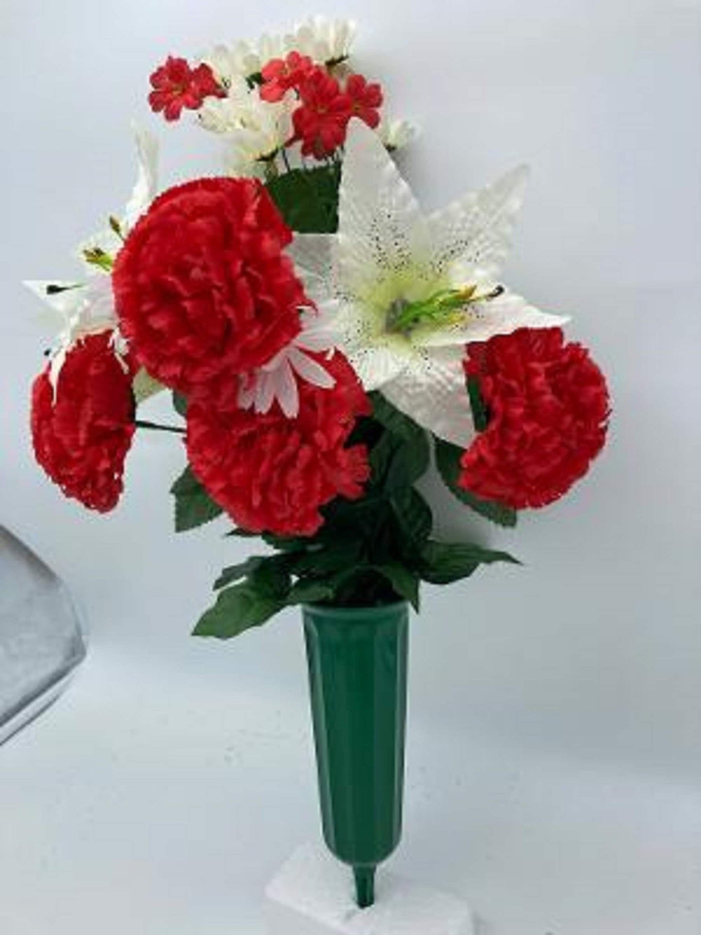 Bouquet Vase RED Carnations & WHITE Lilies for Grave-site Presentation in Remembrance of Loved Ones Or Home Garden Use -