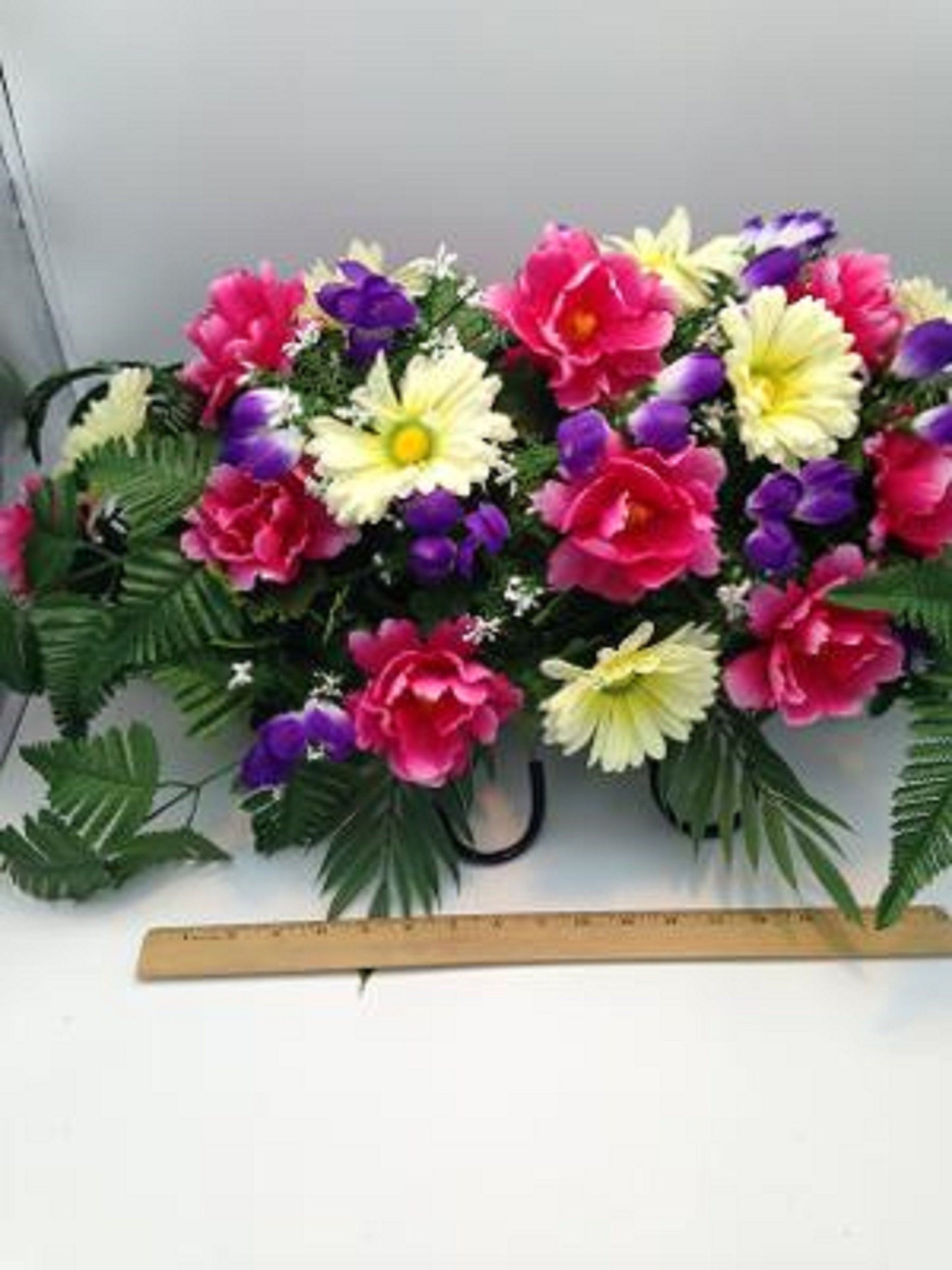 FLOWER Cemetery SADDLE for Headstone Mount in Silk Pink Carnations & Roses for Grave-site Presentation in Remembrance of Loved Ones -