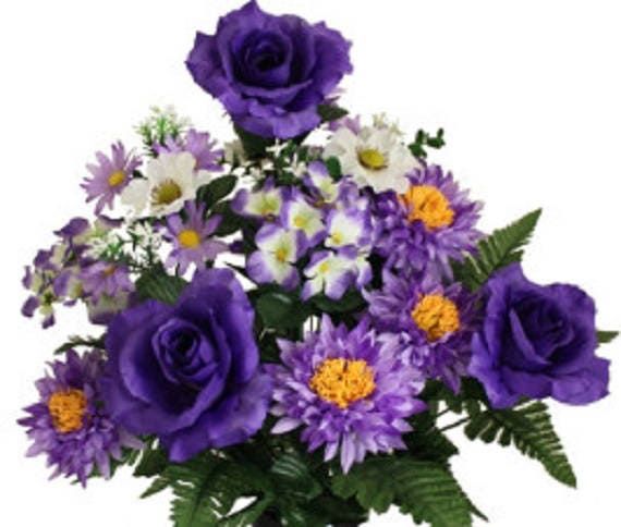 Cemetery VASE of ROSES HYDRANGEA Daisies Deluxe Purple for Grave-site Presentation in Remembrance of Loved Ones -