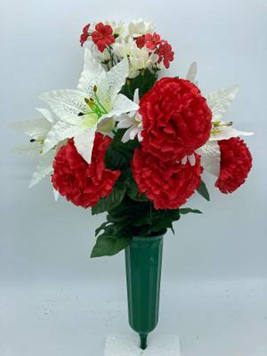 Bouquet Vase RED Carnations & WHITE Lilies for Grave-site Presentation in Remembrance of Loved Ones Or Home Garden Use -
