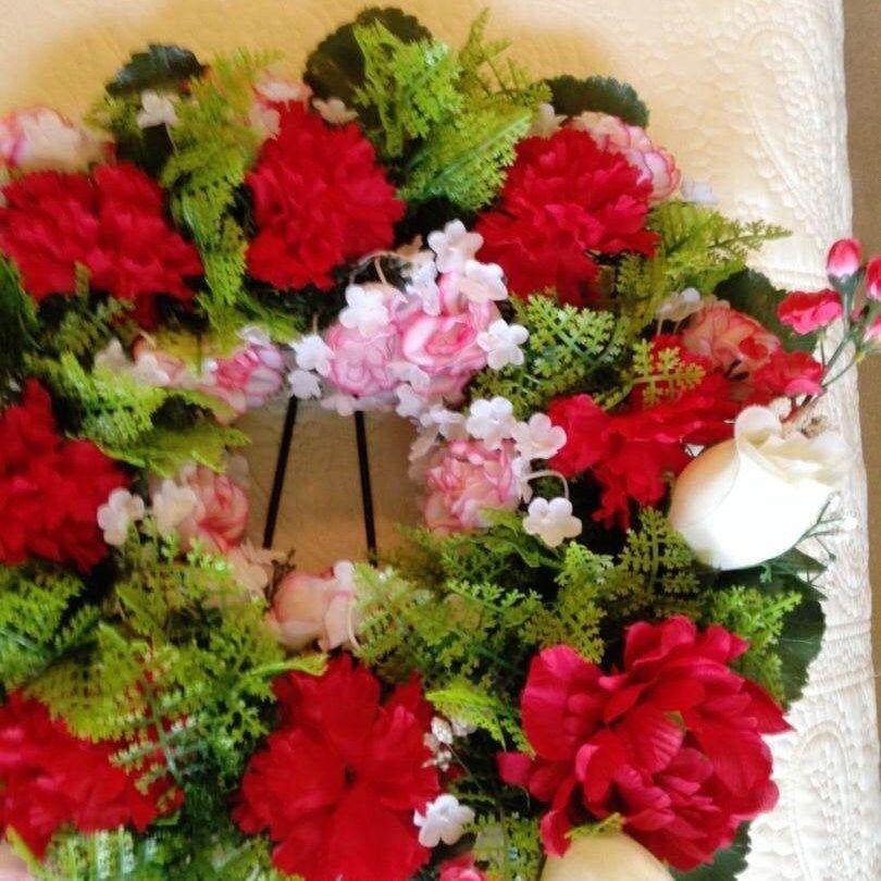 Cemetery WREATH on Easel in Silk RED Roses & Carnations for grave-site presentation in remembrance of loved ones -