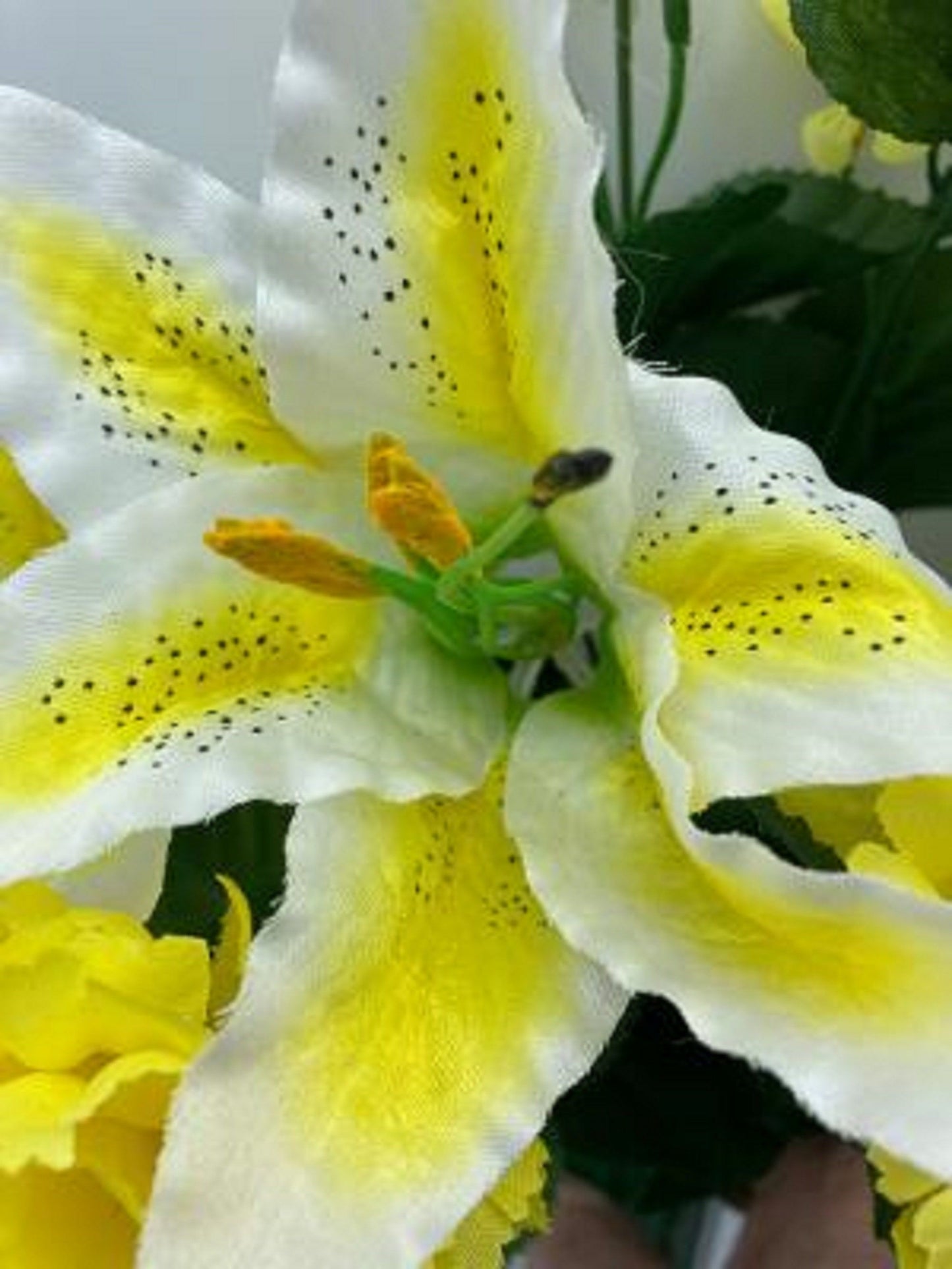 DIY Cemetery Silk Flower Bouquet YELLOW Carnations WHITE Lilies  for Grave-site Present in Remembrance of Loved Ones Or Home Garden -