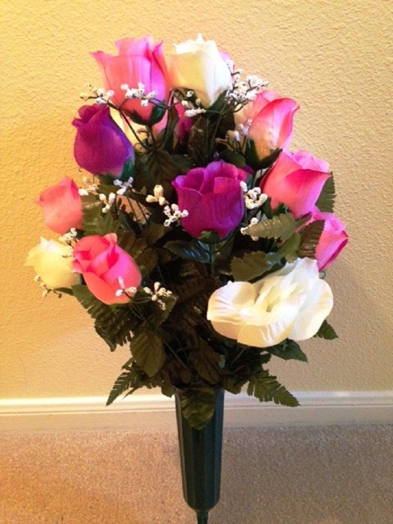 Cemetery VASE of ROSES Galore DELUXE Pink / Purple / White  for Grave-site Presentation in Remembrance of Loved Ones -