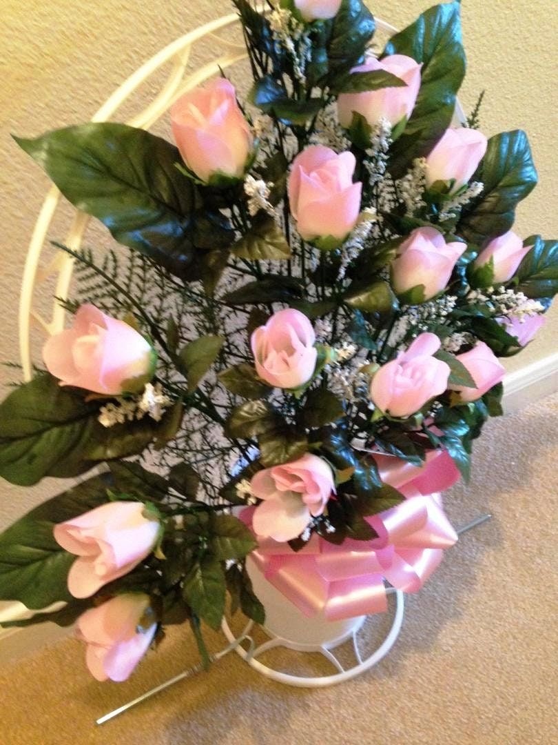 Cemetery Silk Flower PINK ROSEBUDS and Hoop Handle Basket for Grave-site Presentation in Remembrance of Loved Ones -