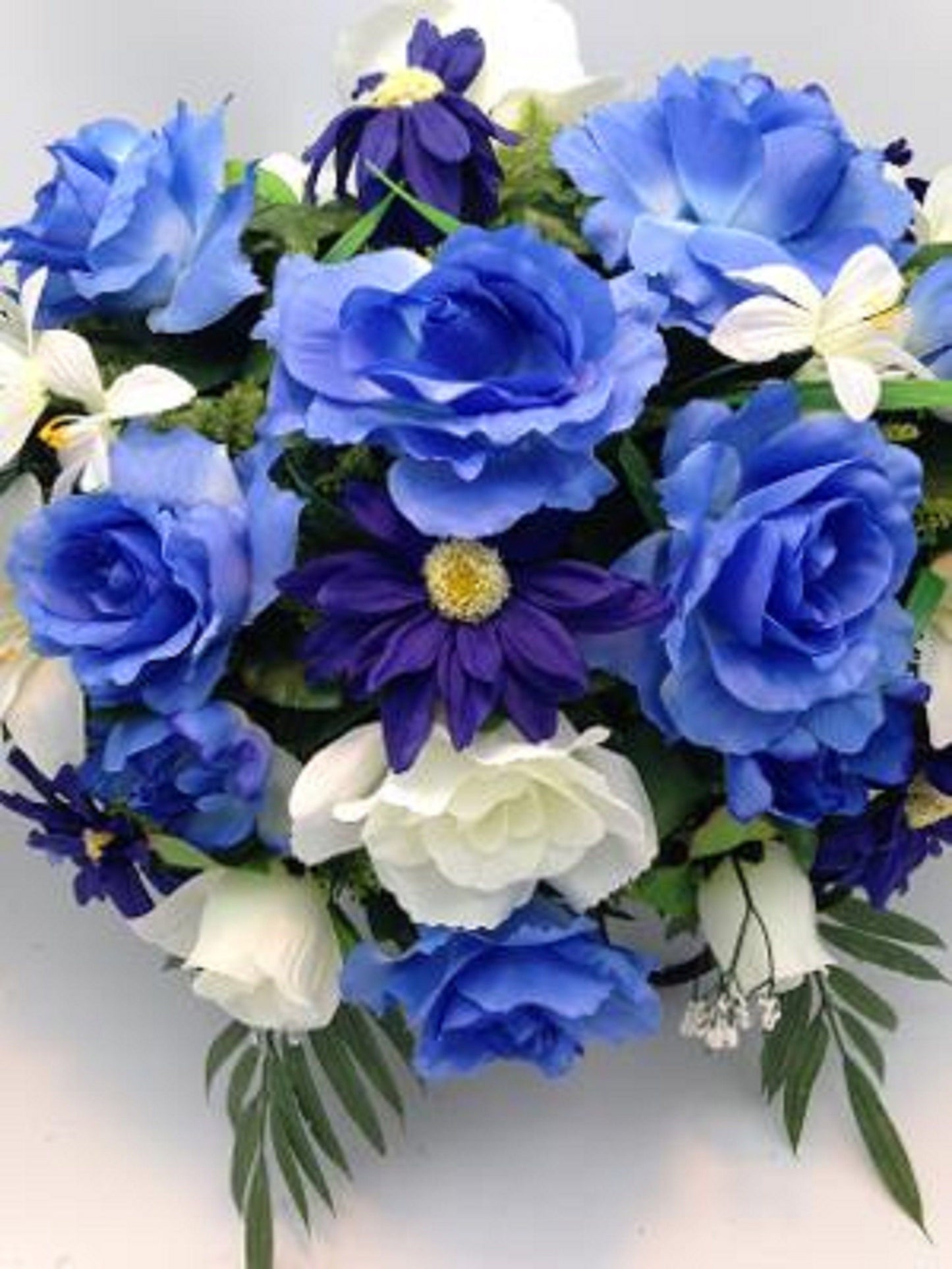 FLOWER Cemetery SADDLE in Deluxe Silk BLUE for Grave-site Presentation in Remembrance of Loved Ones.