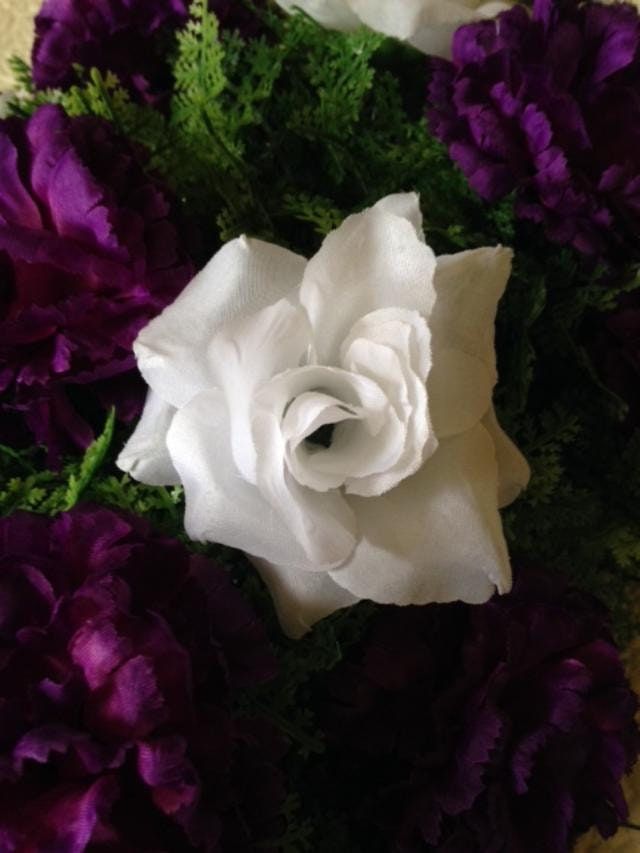 Cemetery SPRAY of SILK Flowers, easel mount in PURPLE for Grave-site Presentation in Remembrance of Loved Ones. Easel Mounted