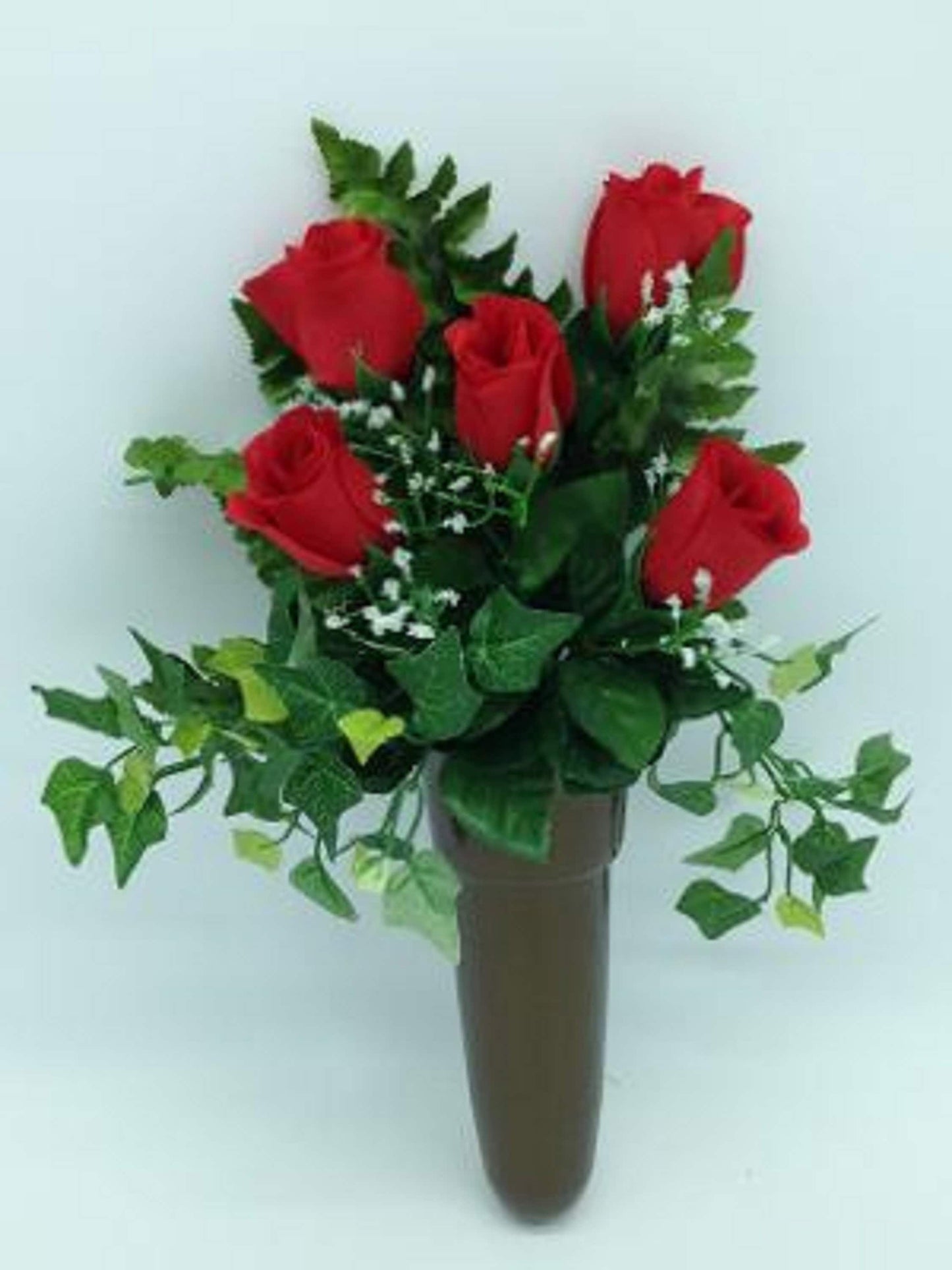 Crypt Mausoleum Vase & Red Rose Silk Flowers w/ Ring Bolt Support for Inverted "V"