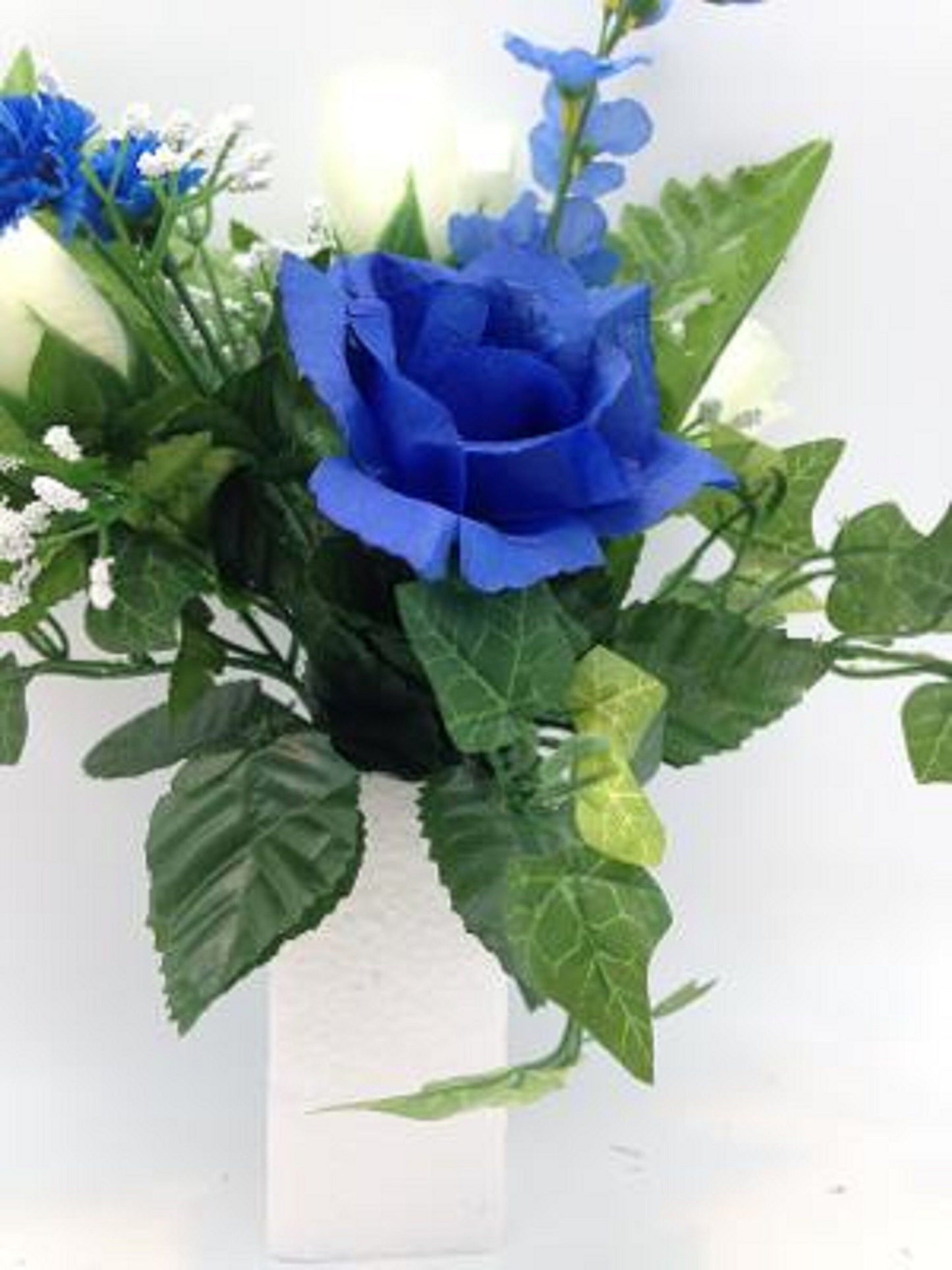 Crypt Mausoleum Vase & Cream Roses Blue Silk Flowers w/ Ring Bolt Support