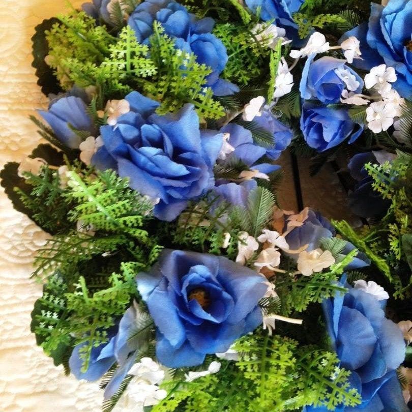 Cemetery WREATH on easel in BLUE Silks Large Deluxe  for grave-site presentation in remembrance of loved ones -