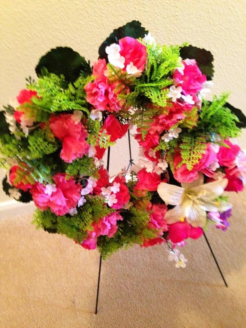 Cemetery Wreath on Easel in Pink Roses & Carnation for grave-site presentation in remembrance of loved ones. Easel Mounted