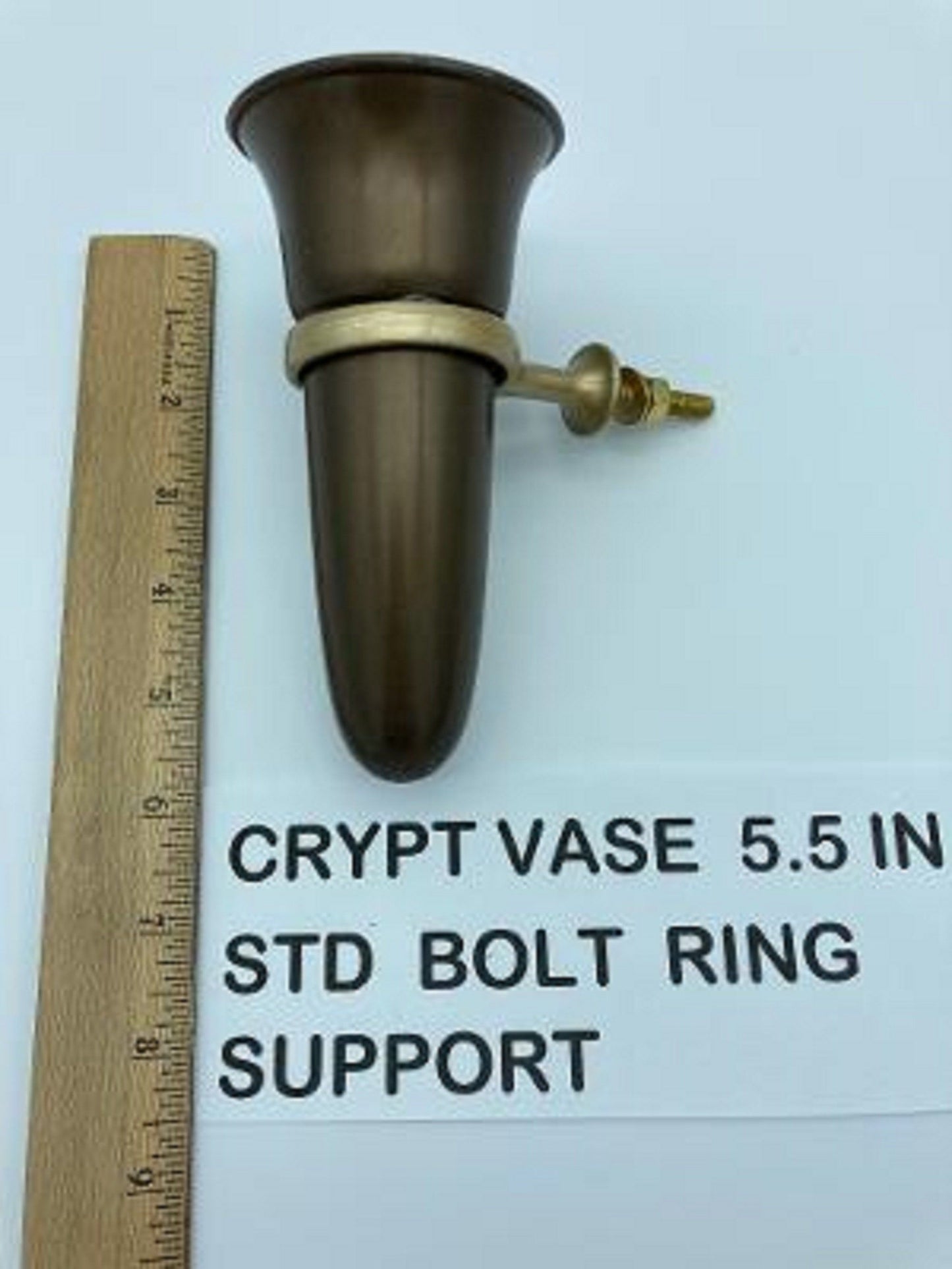 Crypt / Mausoleum  Flower Brown Vase - 5.5 IN with Standard Old GOLD Metal Bolt Ring Support -