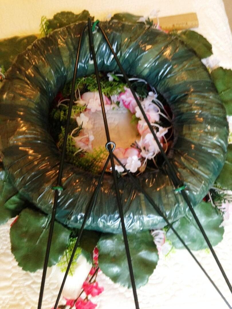 Cemetery WREATH on Easel in Silk RED Roses & Carnations for grave-site presentation in remembrance of loved ones -