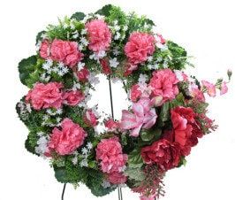 Cemetery Wreath on Easel in Pink Roses & Carnation for grave-site presentation in remembrance of loved ones. Easel Mounted