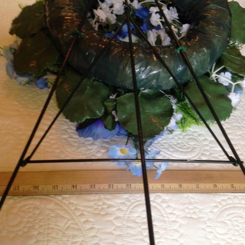 Cemetery WREATH on easel in BLUE Silks Large Deluxe  for grave-site presentation in remembrance of loved ones -