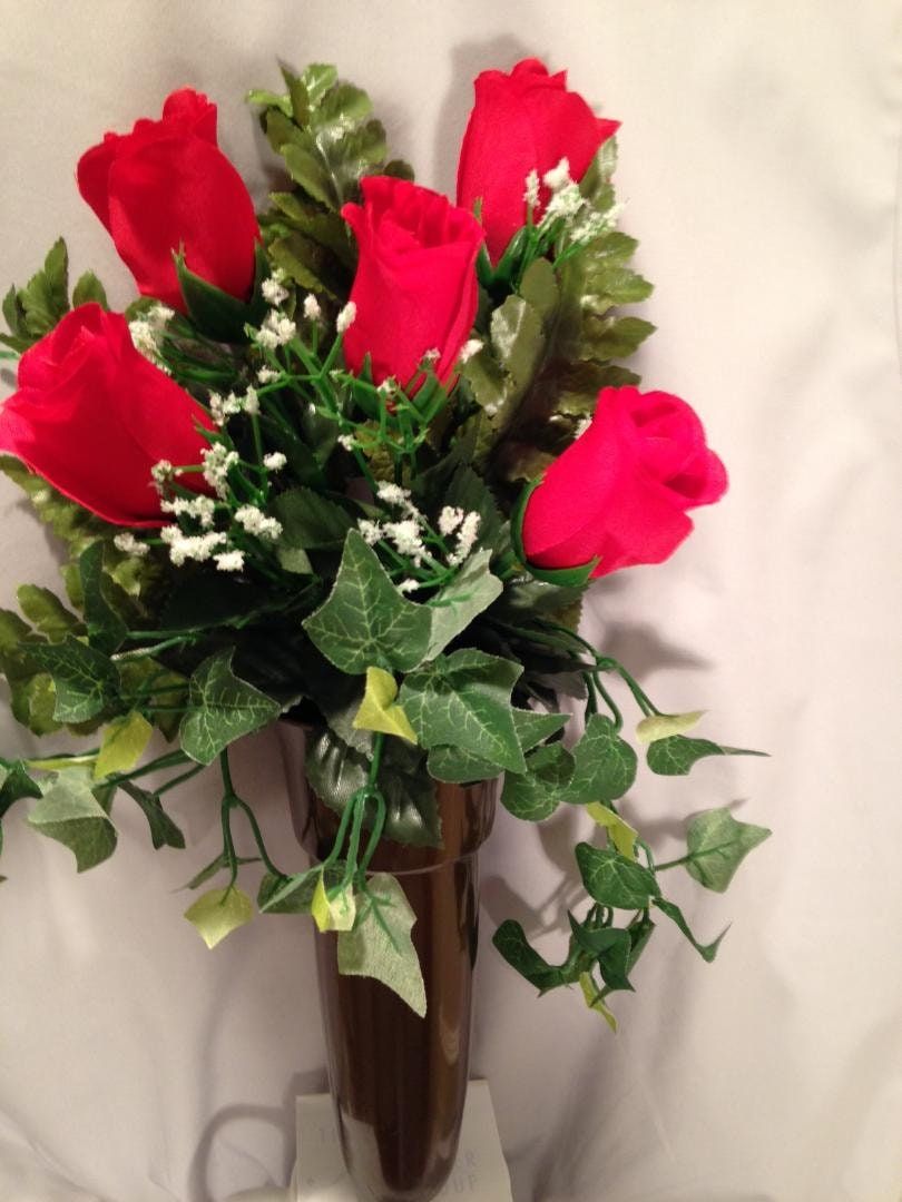 Crypt Mausoleum Vase & Red Rose Silk Flowers w/ Button Bolt Support for Inverted "V"