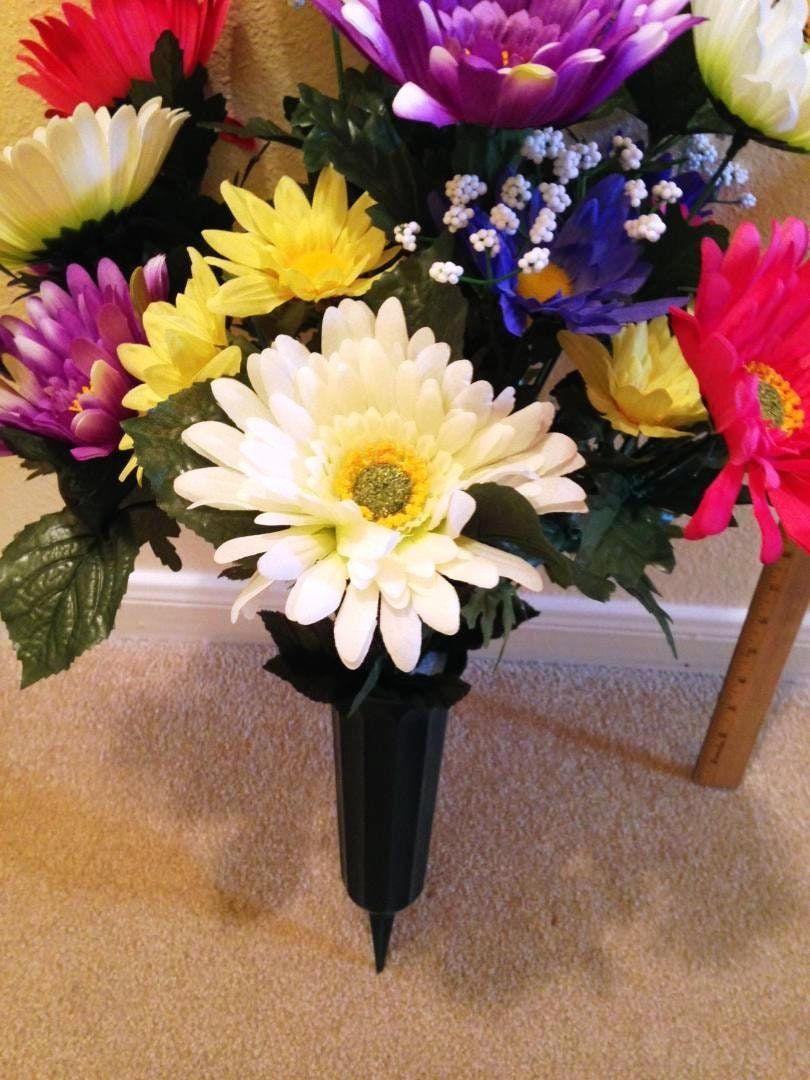 Cemetery Silk Flower Vase of Gerbera Sun Daisy Deluxe for Grave-site Presentation in Remembrance of Loved Ones -