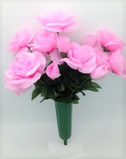 Cemetery Silk Flower Vase PINK Open Rose Bouquet