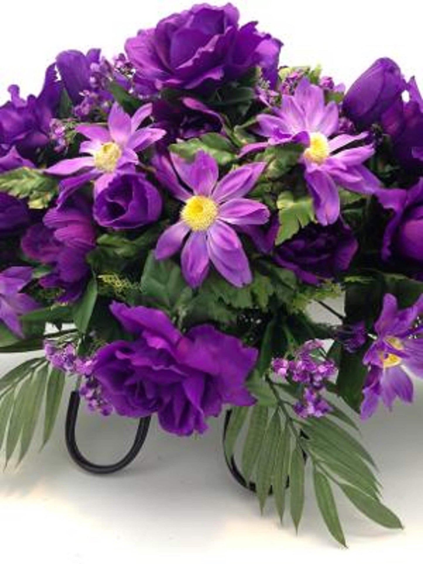 Flower Cemetery SADDLE for Headstone Mount in Silk PURPLE & White for Grave-site Presentation in Remembrance of Loved Ones.