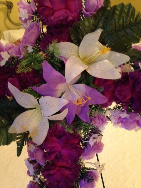 Cemetery Flower CROSS on Easel in Silk Purple Roses & Carnations for Grave-site Presentation in Remembrance of Loved Ones -