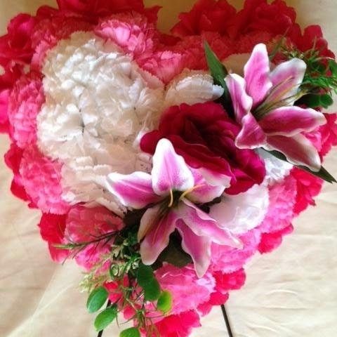 FLOWER Cemetery HEART on Easel with Silk Pink Carnations  for grave-site presentation in remembrance of loved ones -