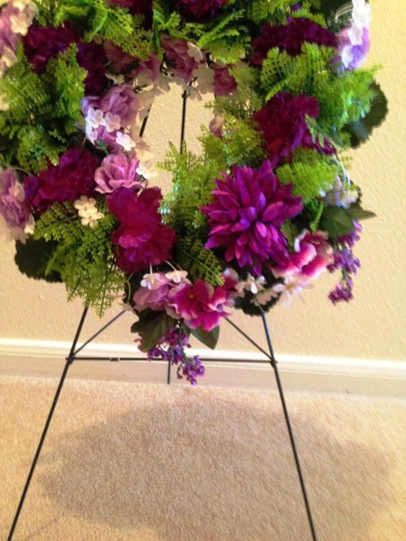 Cemetery WREATH on Easel Mount with PURPLE  Rose & Carnations for grave-site presentation in remembrance of loved ones -