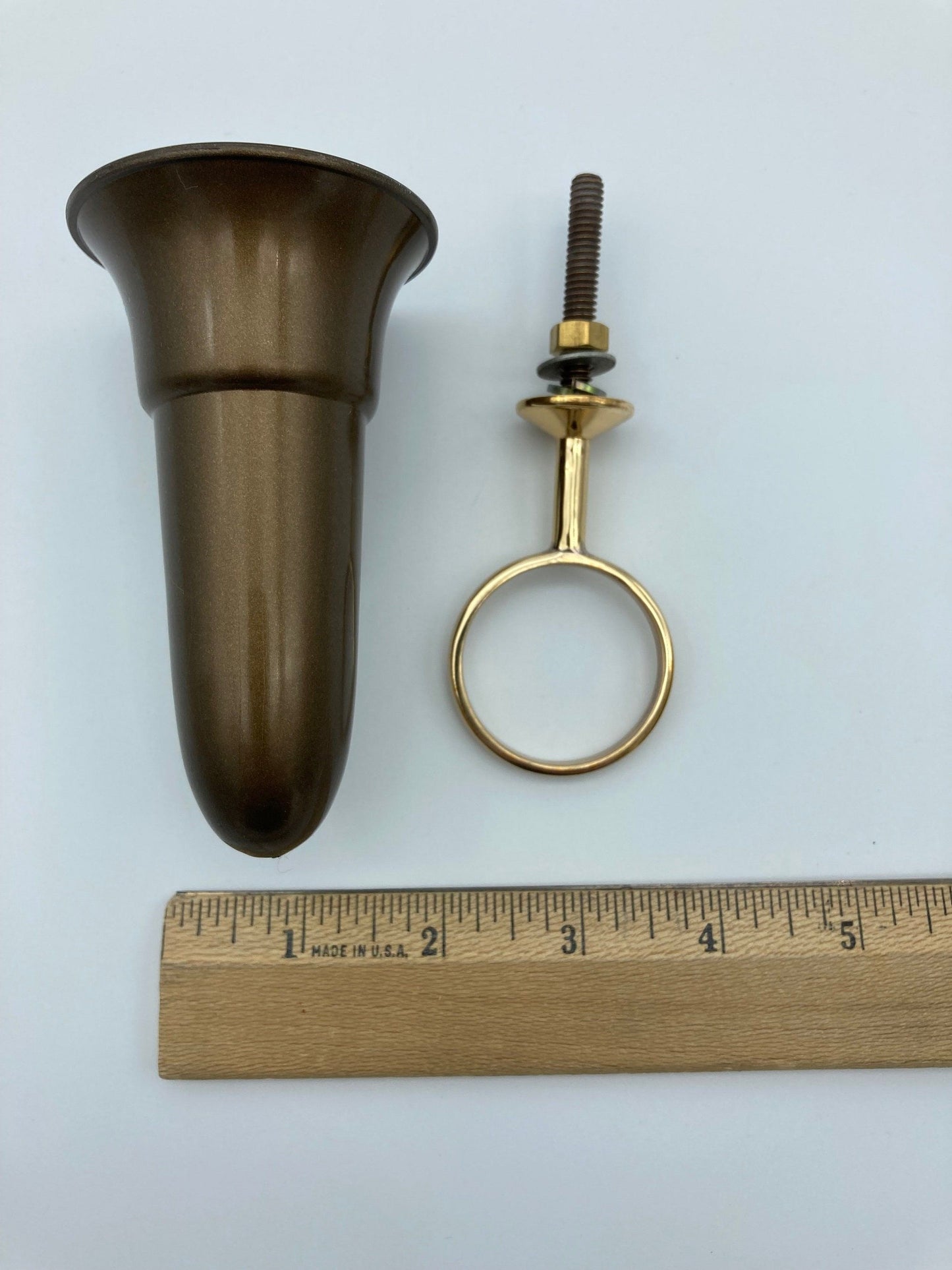 Mausoleum Niche Brown Vase 4.0 inch with Brite Solid BRONZE  Metal Bolt Ring Support - Royal Duchess -