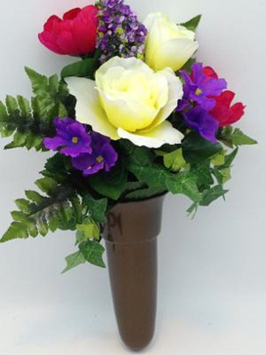 Silk Flowers and Crypt Mausoleum Vase with Button Bolt Support