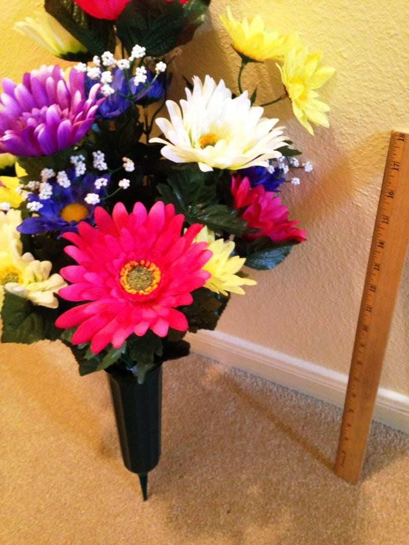 Cemetery Silk Flower Vase of Gerbera Sun Daisy Deluxe for Grave-site Presentation in Remembrance of Loved Ones -