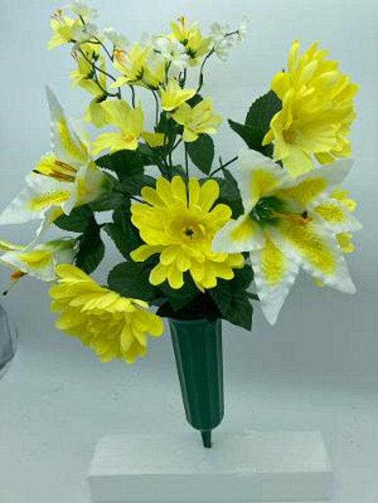 Cemetery Vase Silk Flower Bouquet YELLOW Chrysanthemums WHITE Lilies  for Grave-site Present in Remembrance of Loved Ones Or Home Garden -