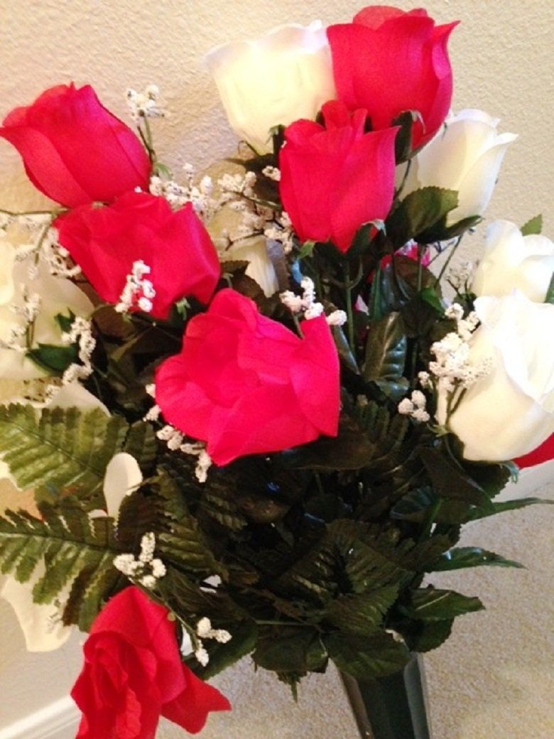 Cemetery vase of ROSES Galore Red and White Silk DELUXE for Grave-site Presentation in Remembrance of Loved Ones -