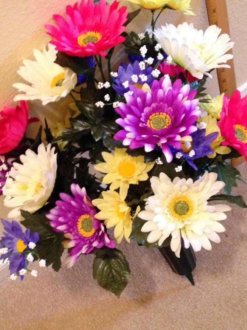 Cemetery Silk Flower Vase of Gerbera Sun Daisy Deluxe for Grave-site Presentation in Remembrance of Loved Ones -