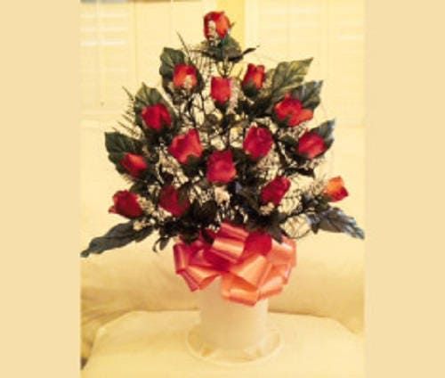 CEMETERY SILK Flower Burgundy ROSEBUDS, Hoop Handle Basket for Grave-site Presentation in Remembrance of Loved Ones -