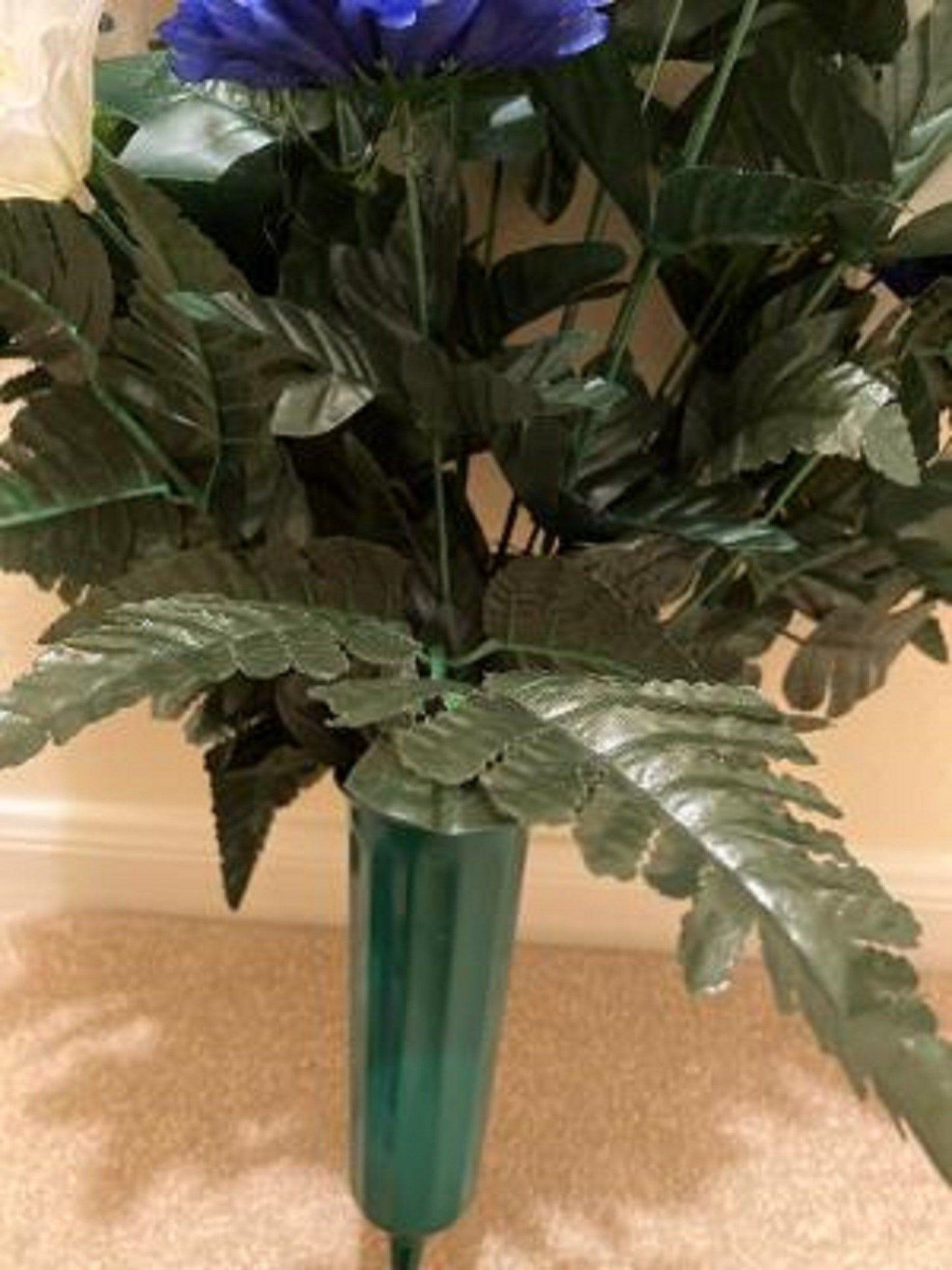 Cemetery Vase of Silk Blue Mum Lilly for Grave-site Presentation of Loved Ones -