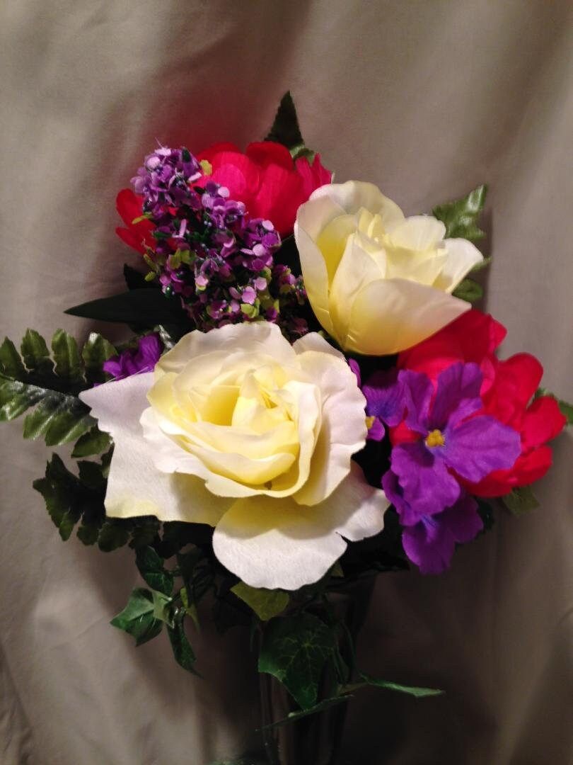 Silk Flowers and Crypt Mausoleum Vase with Button Bolt Support