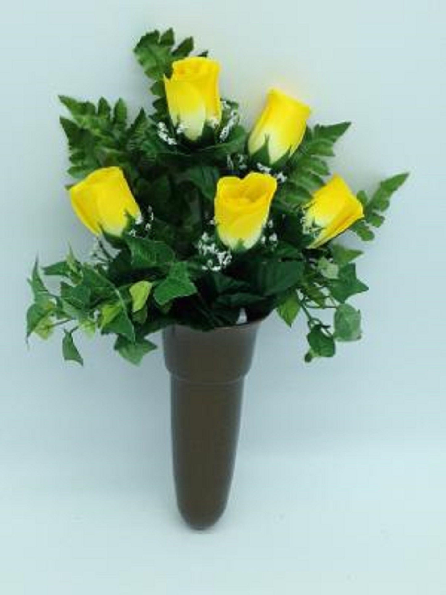 Crypt Mausoleum Vase & Yellow Rose Silk Flowers w/ Ring Bolt Support