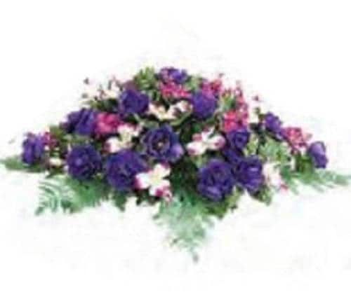 Flower Cemetery SADDLE for Headstone Mount in Silk PURPLE & White for Grave-site Presentation in Remembrance of Loved Ones.