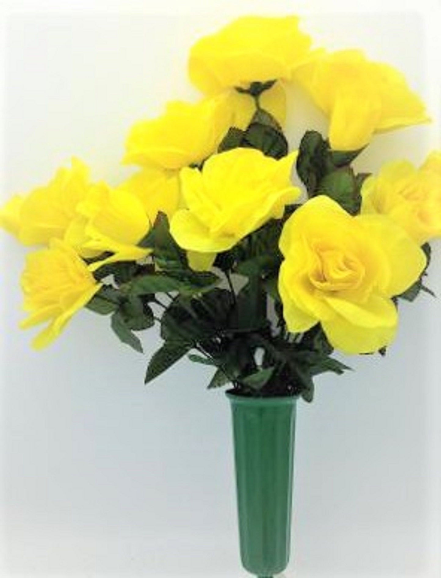 Cemetery Silk Flower Vase YELLOW Open Rose Bouquet