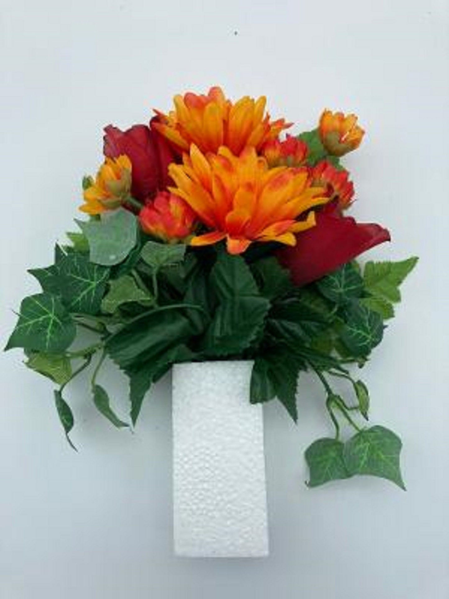 CRYPT / MAUSOLEUM Bouquet (No Vase) of Silk ROSES, Delphiniums, Ivy for Presentation in Remembrance of Loved Ones -