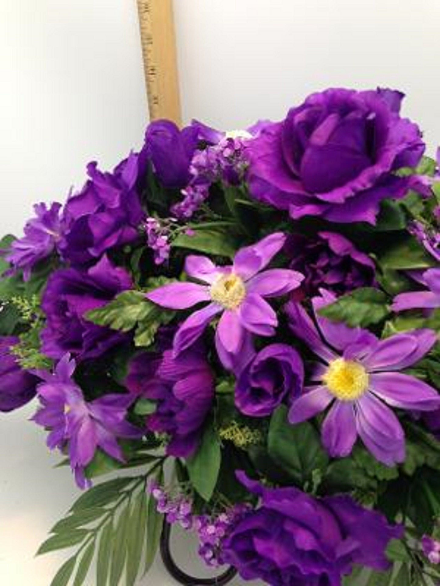 Flower Cemetery SADDLE for Headstone Mount in Silk PURPLE & White for Grave-site Presentation in Remembrance of Loved Ones.