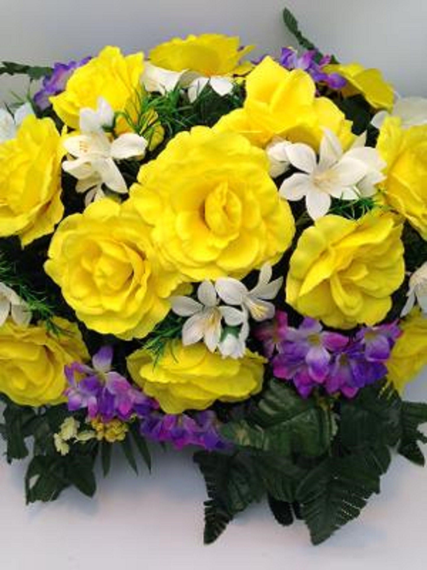 Cemetery Silk FLOWER SADDLE for Headstone Mounting in YELLOW for Grave-site Presentation in Remembrance of Loved Ones -