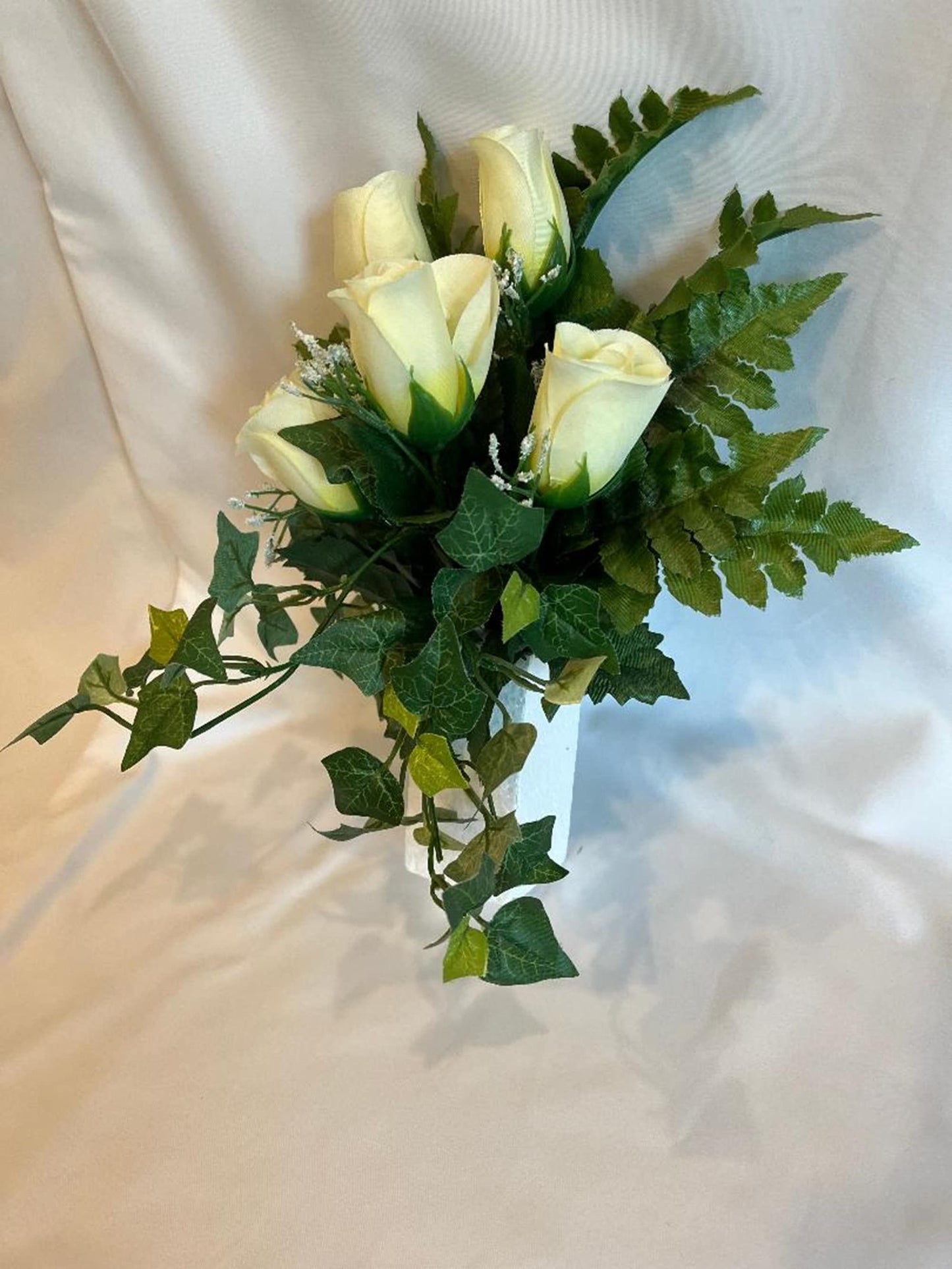 Silk Flower CRYPT / MAUSOLEUM Bouquet (No Vase) of WHITE Roses w/ Baby's Breath Ivy for Presentation in Remembrance of Loved Ones -