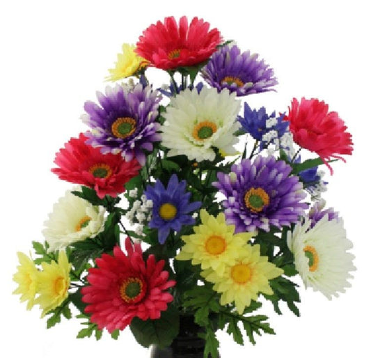 Cemetery Silk Flower Vase of Gerbera Sun Daisy Deluxe for Grave-site Presentation in Remembrance of Loved Ones -