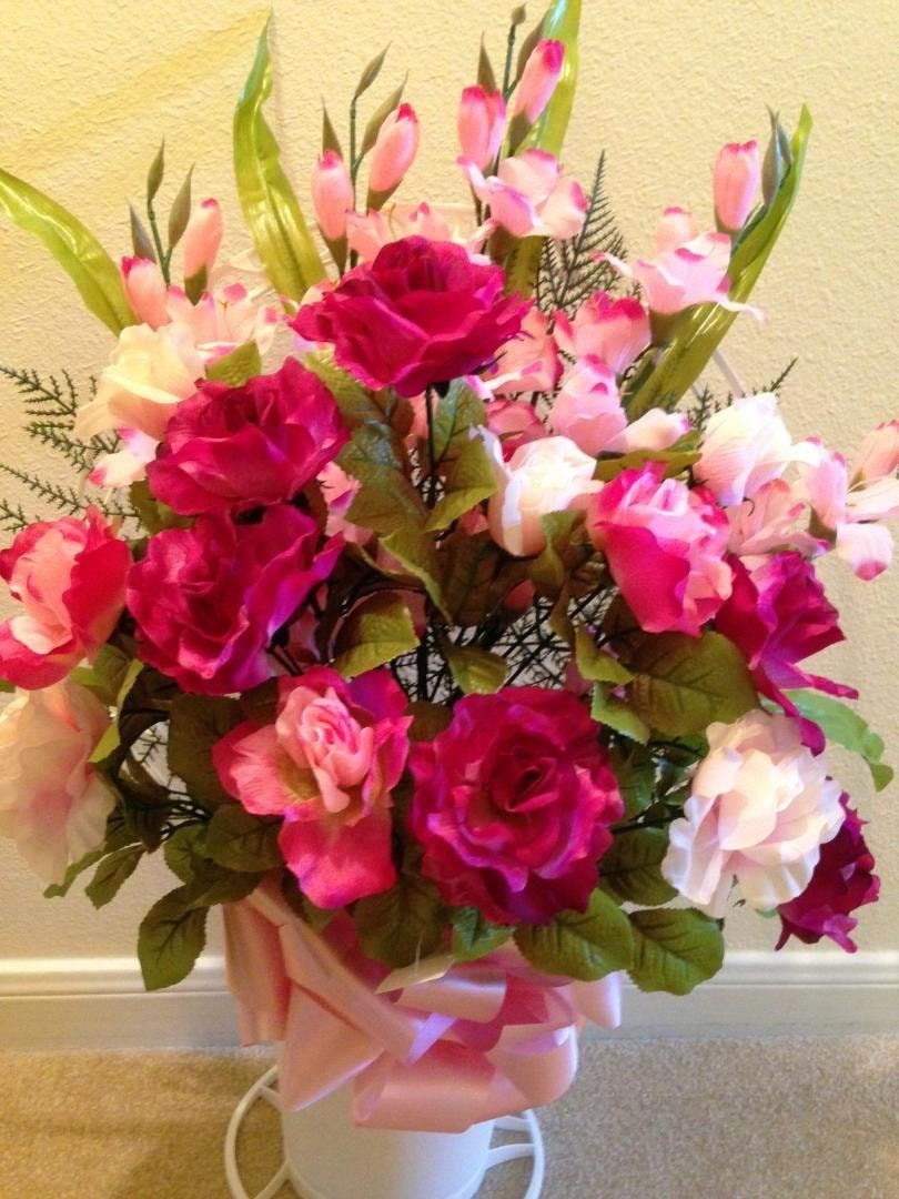 Cemetery Silk Flower Pink and Dark Red ROSE PEONY Gladiola Hoop Handle Basket for Grave-site Presentation in Remembrance of Loved Ones -